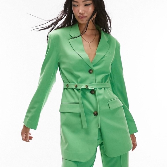 TOPSHOP Neon Green Longline Belted Blazer NWOT - Picture 2 of 9